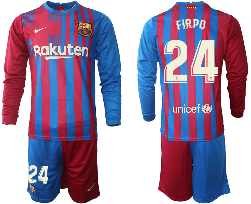 Men 2021-2022 Club Barcelona home red blue Long Sleeve #24 Nike Soccer Jersey